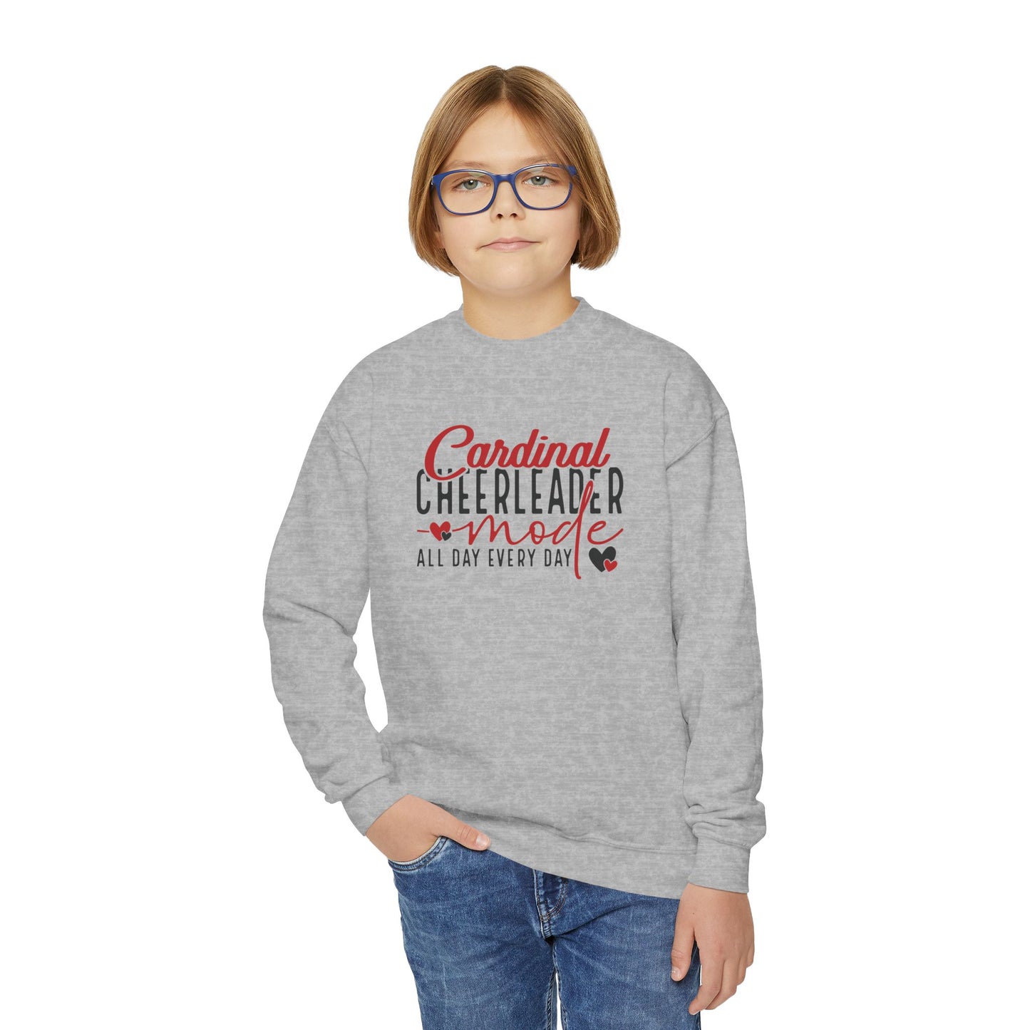 Cardinal Cheerleader Mode - Youth Crew Sweatshirt