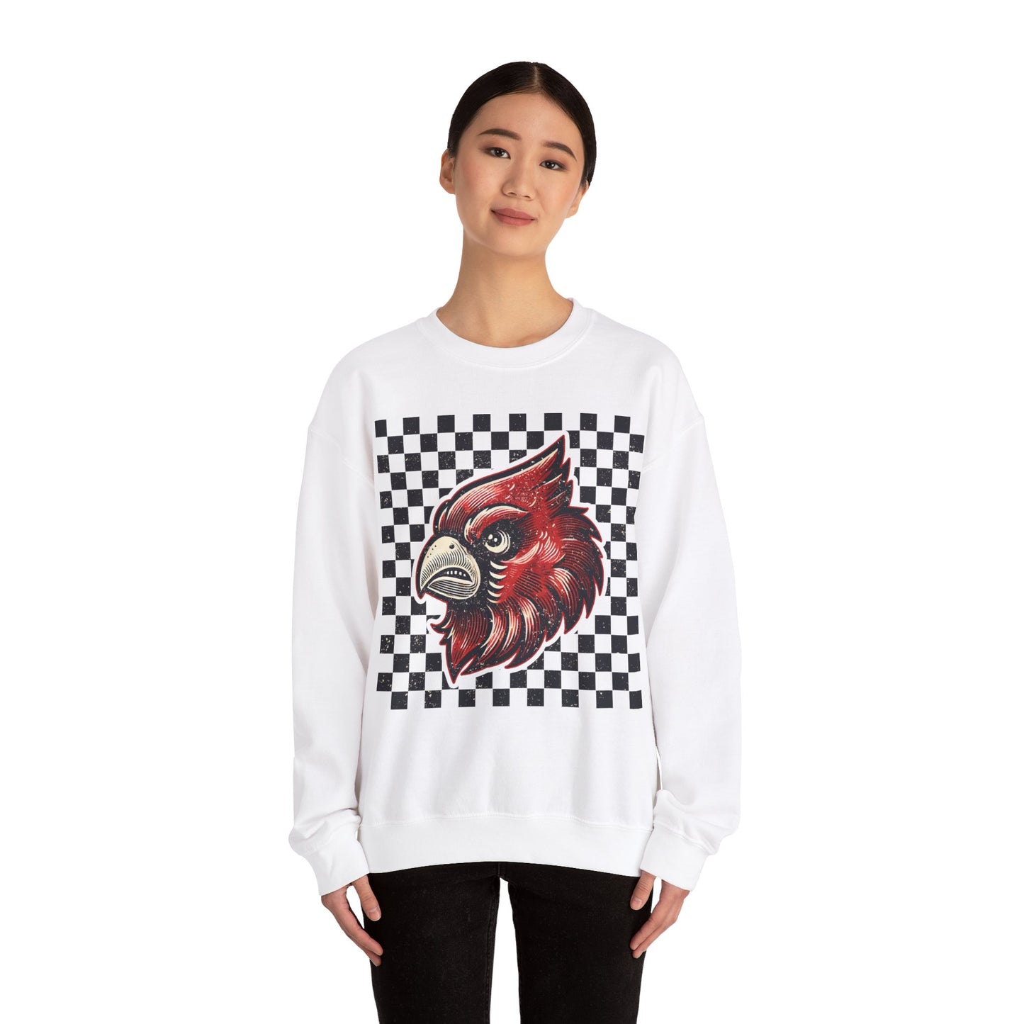 Vintage Cardinal Black and White Checkerboard - Unisex Heavy Blend™ Crewneck Sweatshirt