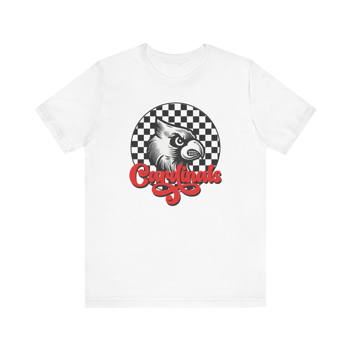 Cardinals Black and White Checkerboard Script - Bella + Canvas Short Sleeve Tee