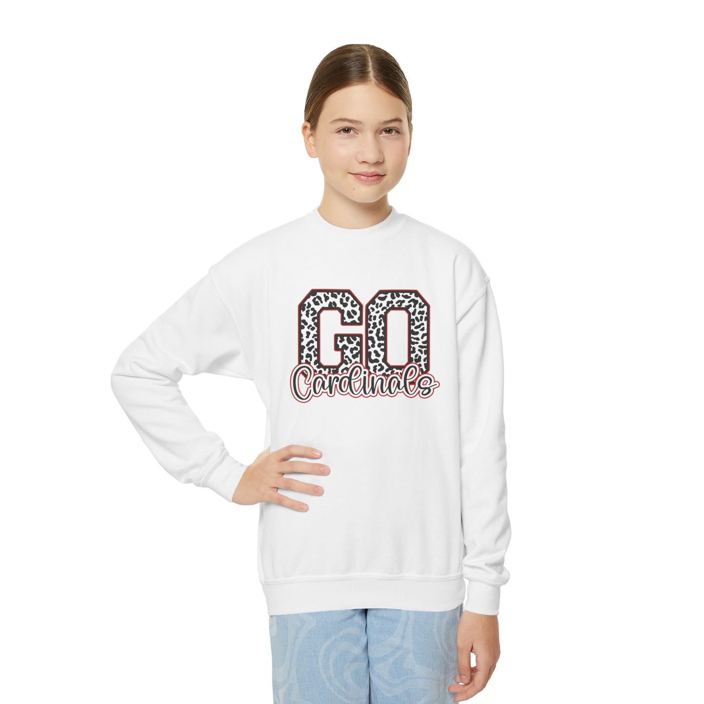 Go Cardinals Leopard Letters - Youth Crew Sweatshirt