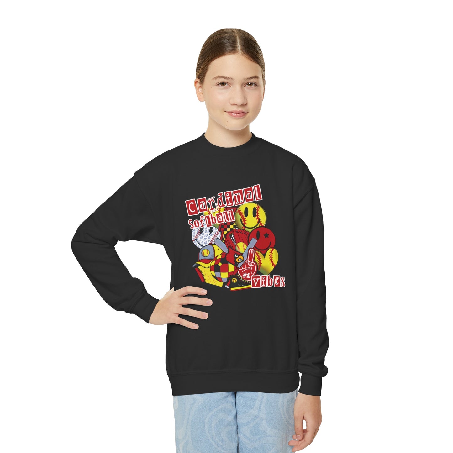 Cardinal Softball Vibes - Youth Crew Sweatshirt