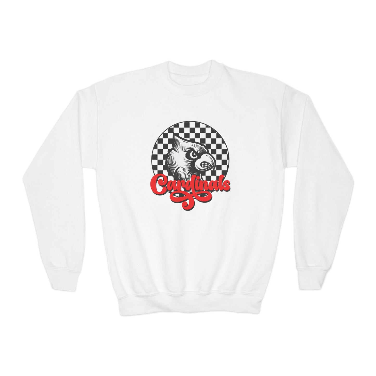 Vintage Cardinal Black and White Checkerboard Circle Script - Youth Crew Sweatshirt