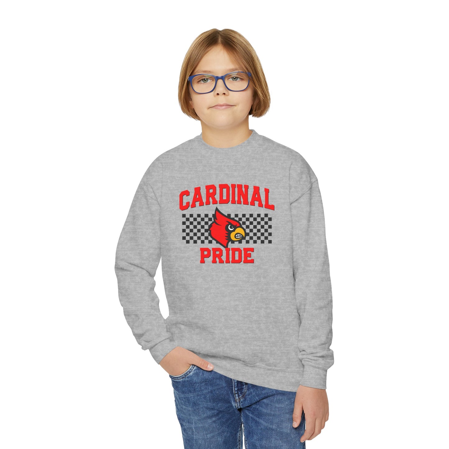Cardinal Pride Black and White Checkerboard - Youth Crew Sweatshirt