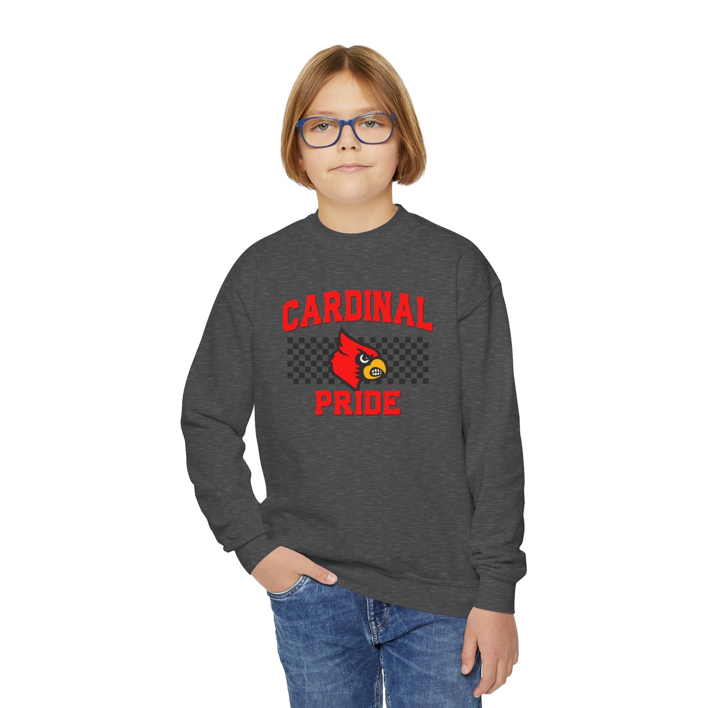Cardinal Pride Black and White Checkerboard - Youth Crew Sweatshirt