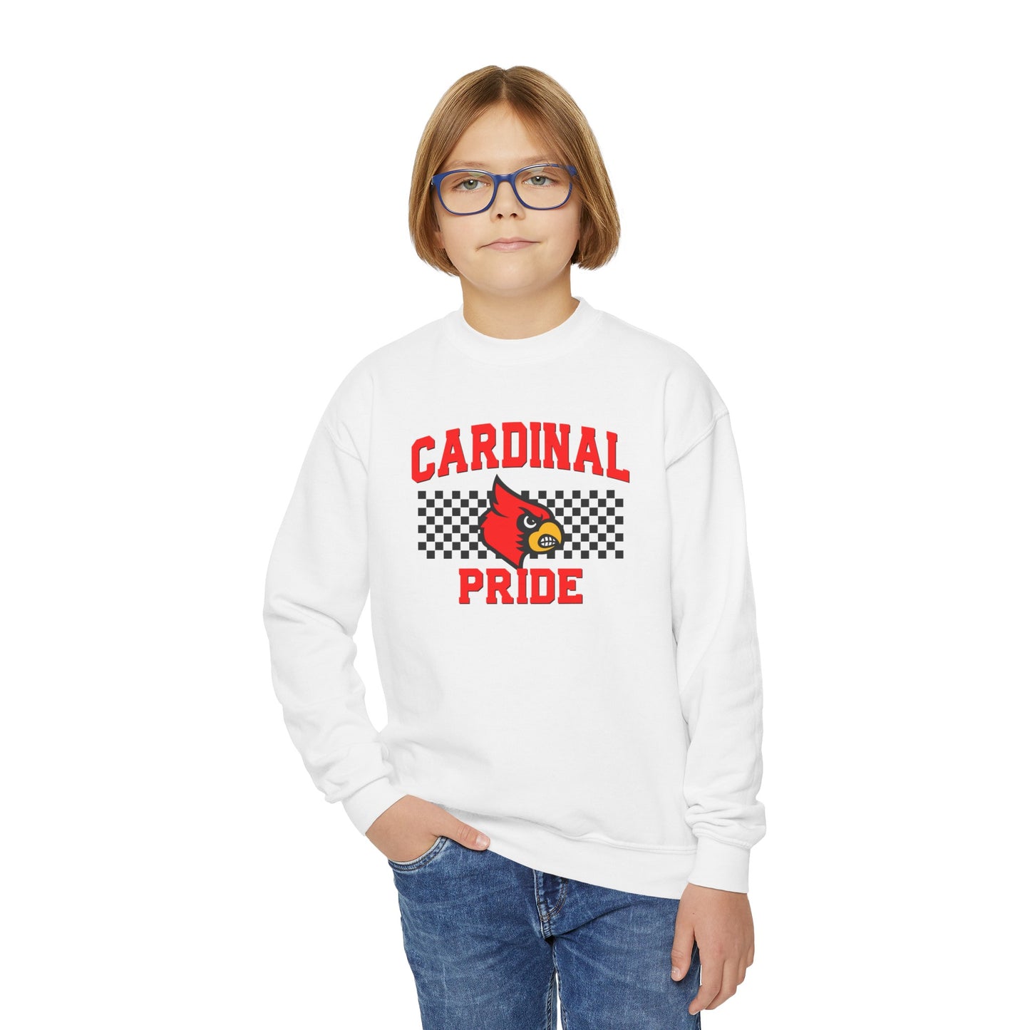 Cardinal Pride Black and White Checkerboard - Youth Crew Sweatshirt