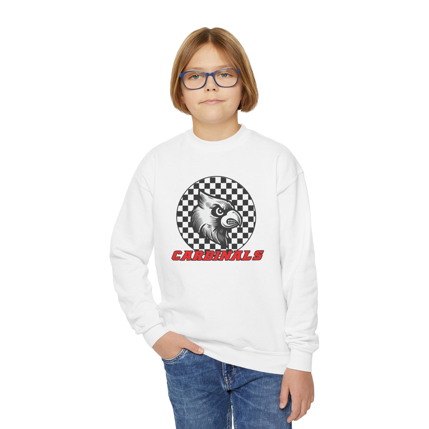 Vintage Cardinal Black and White Checkerboard Circle - Youth Crew Sweatshirt