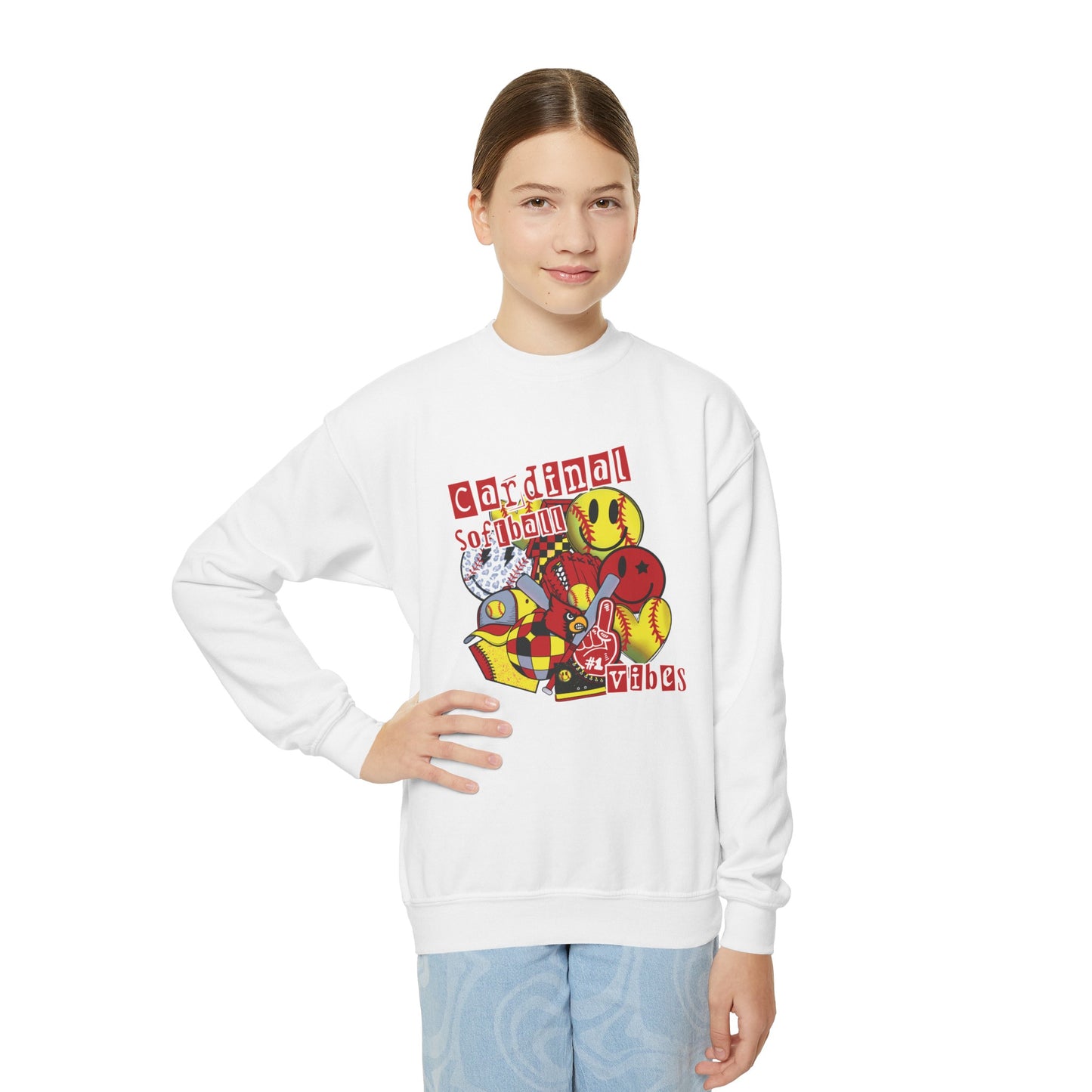 Cardinal Softball Vibes - Youth Crew Sweatshirt