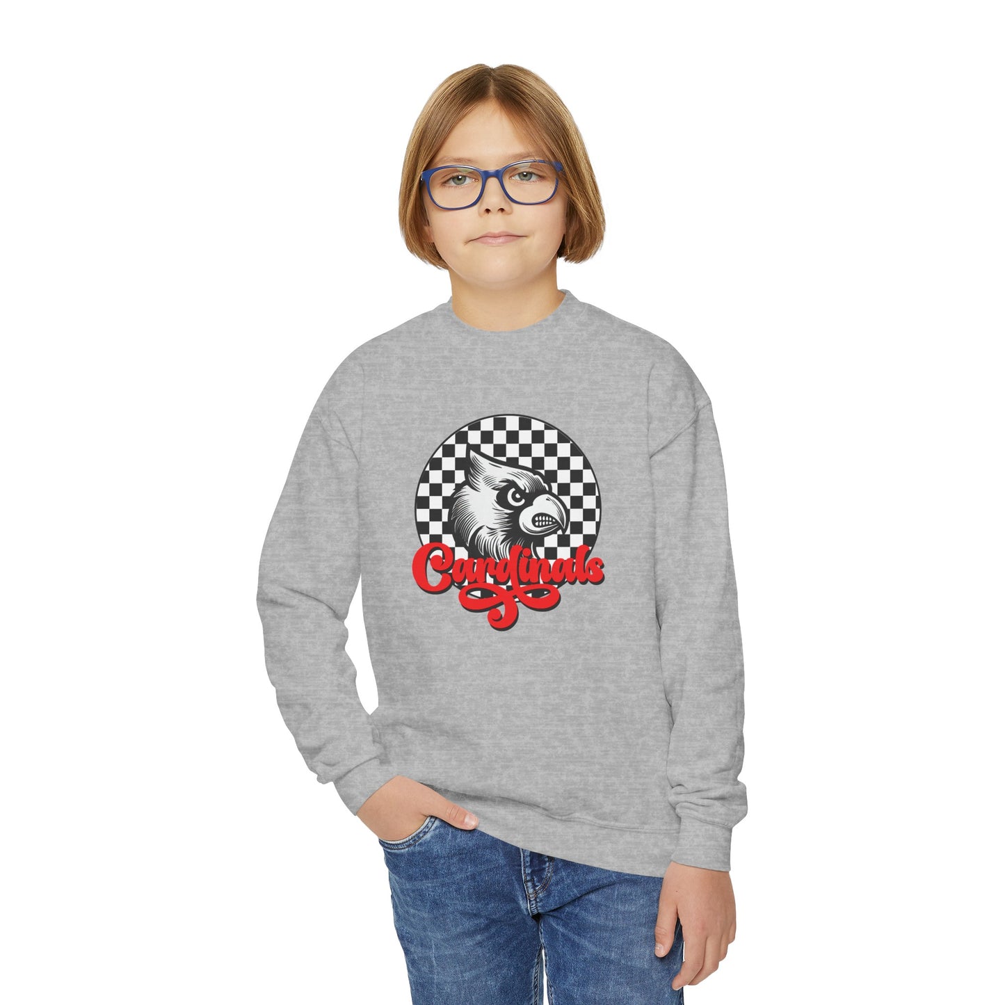 Vintage Cardinal Black and White Checkerboard Circle Script - Youth Crew Sweatshirt