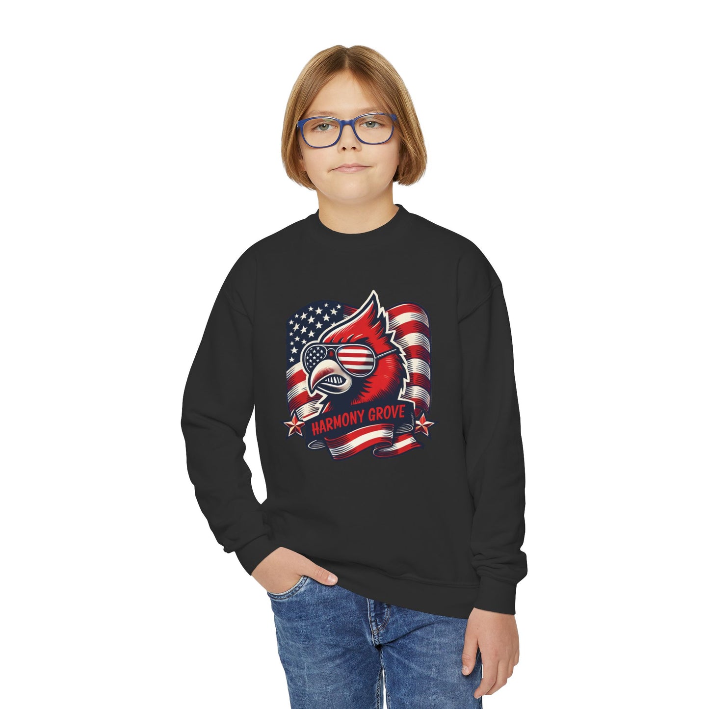 Patriotic Harmony Grove Cardinal - Youth Crew Sweatshirt