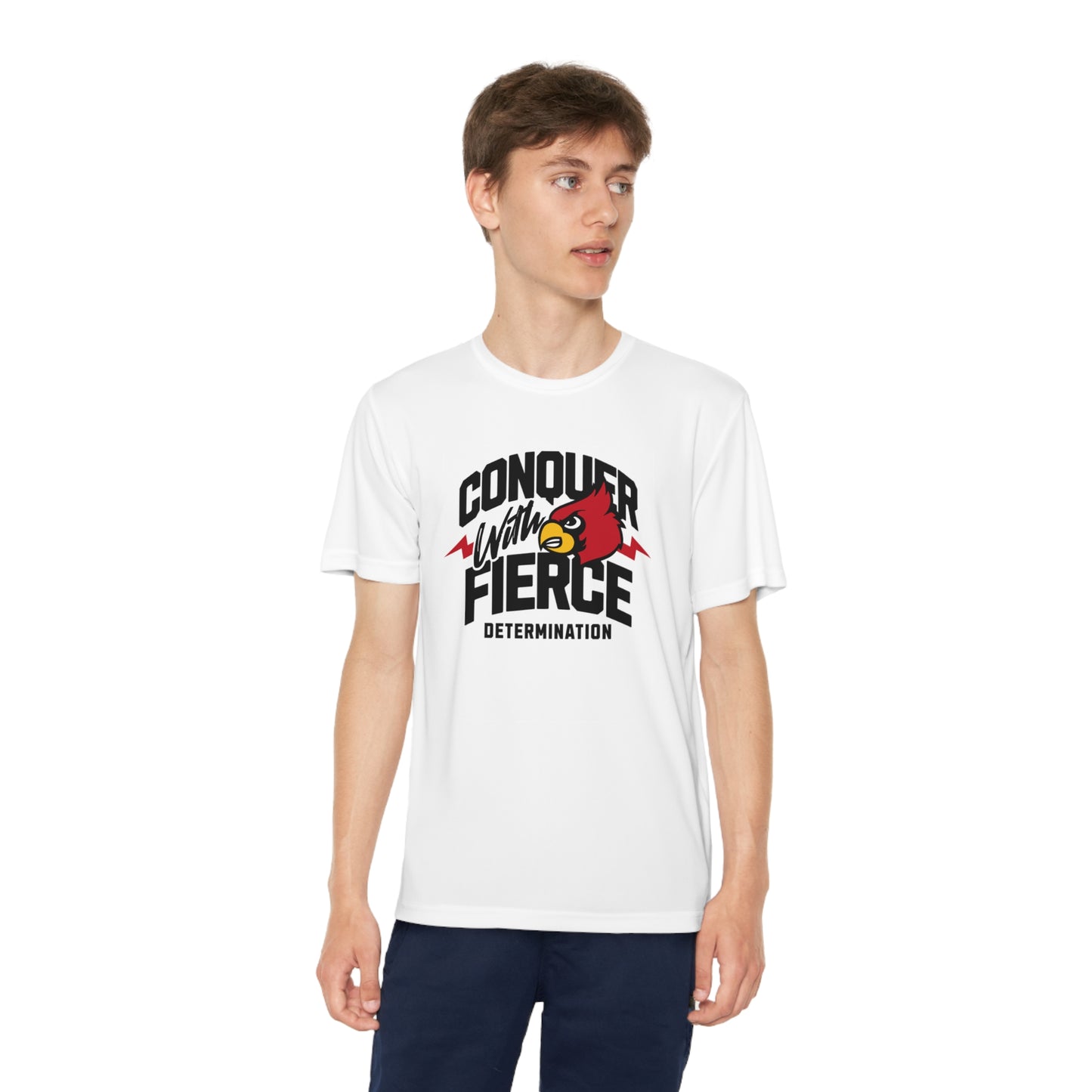 Conquer with Fierce Determination Cardinal - Youth Sport-Tek® Competitor™ Tee