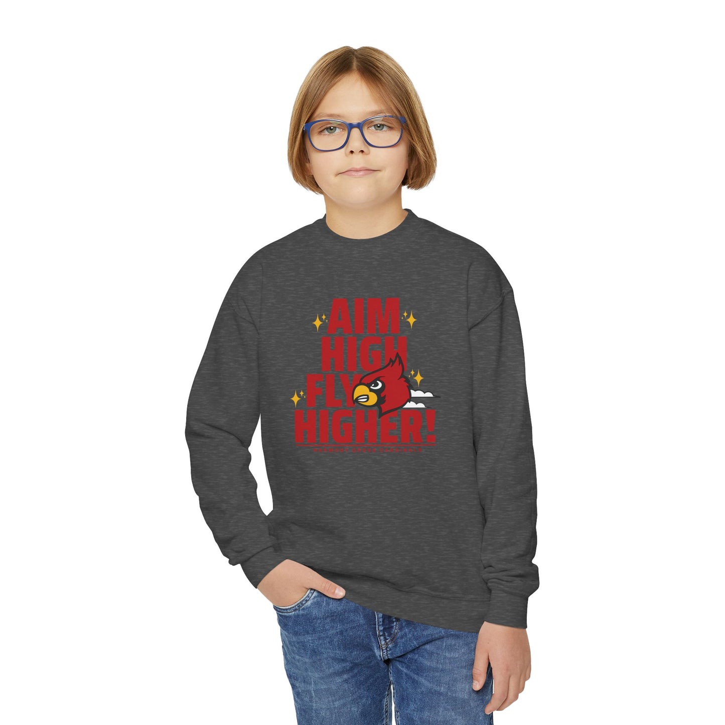Aim High Fly Higher Cardinal - Youth Crew Sweatshirt