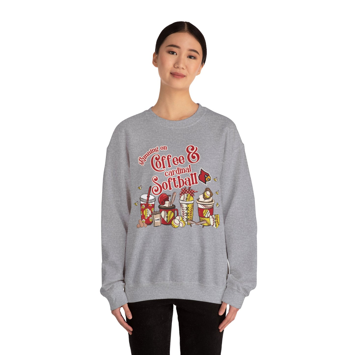 Running on Coffee and Cardinal Softball - Unisex Heavy Blend™ Crewneck Sweatshirt