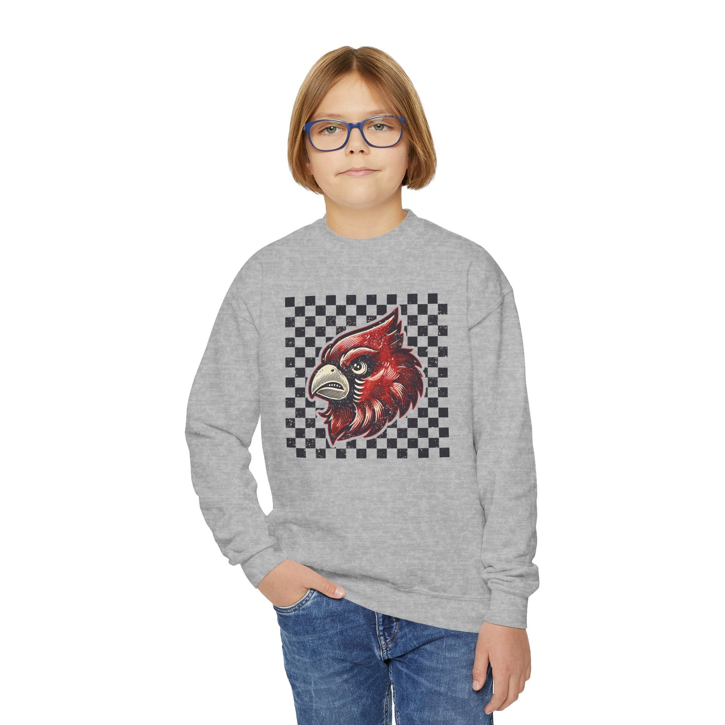 Vintage Cardinal Black and White Checkerboard - Youth Crew Sweatshirt