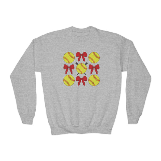 Softball and Bows Coquette - Youth Crew Sweatshirt