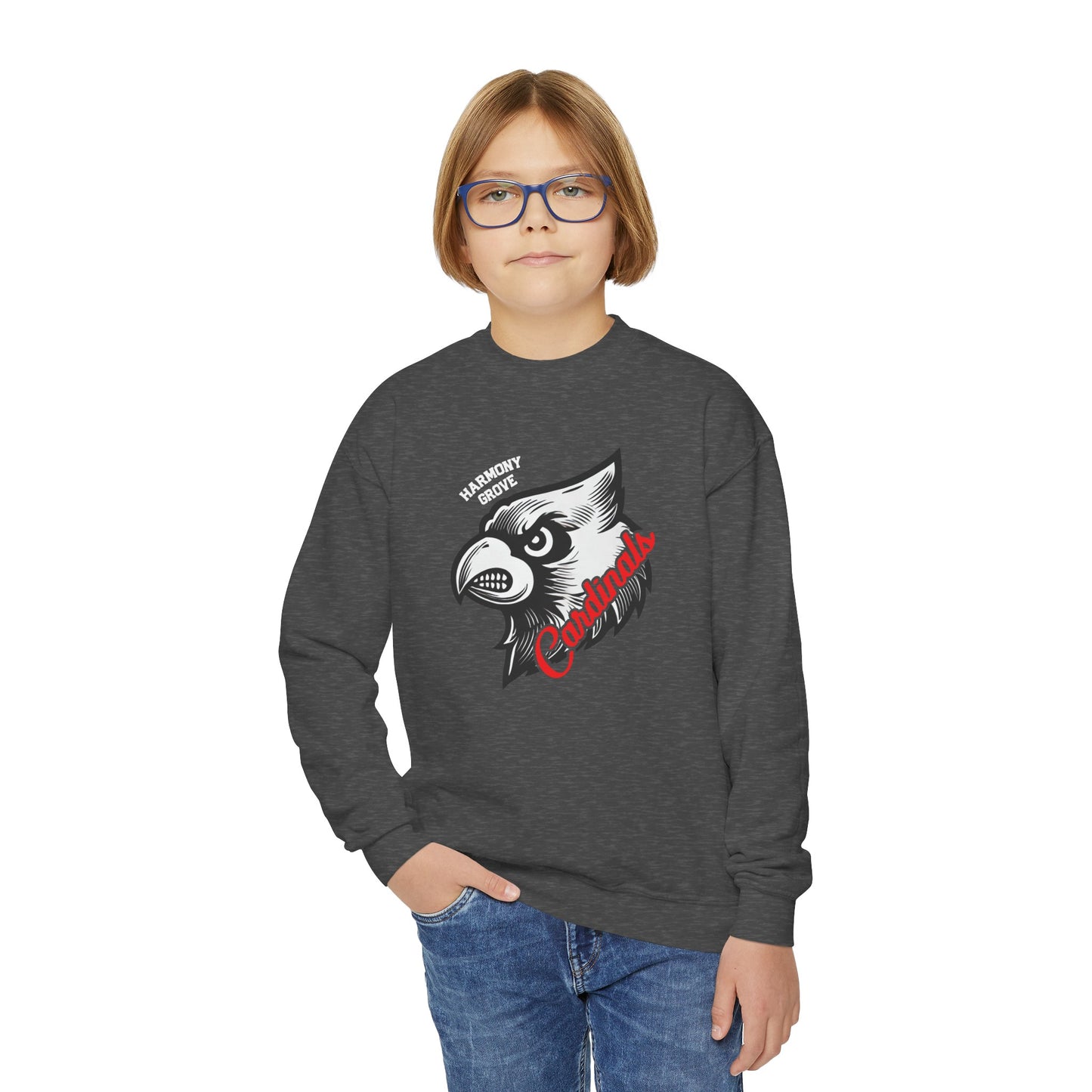 Harmony Grove Cardinals Mascot Inset - Youth Crew Sweatshirt